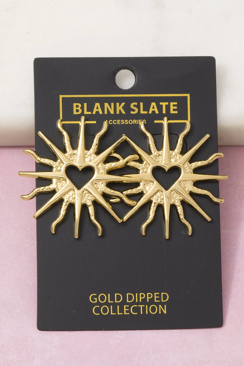 Gold Dipped Sacred Heart Sunburst Stud Earrings