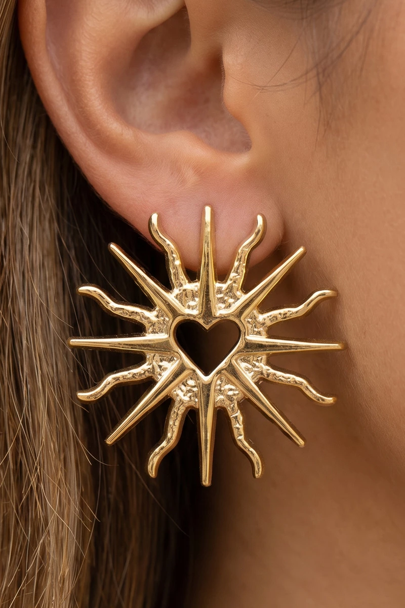 Gold Dipped Sacred Heart Sunburst Stud Earrings