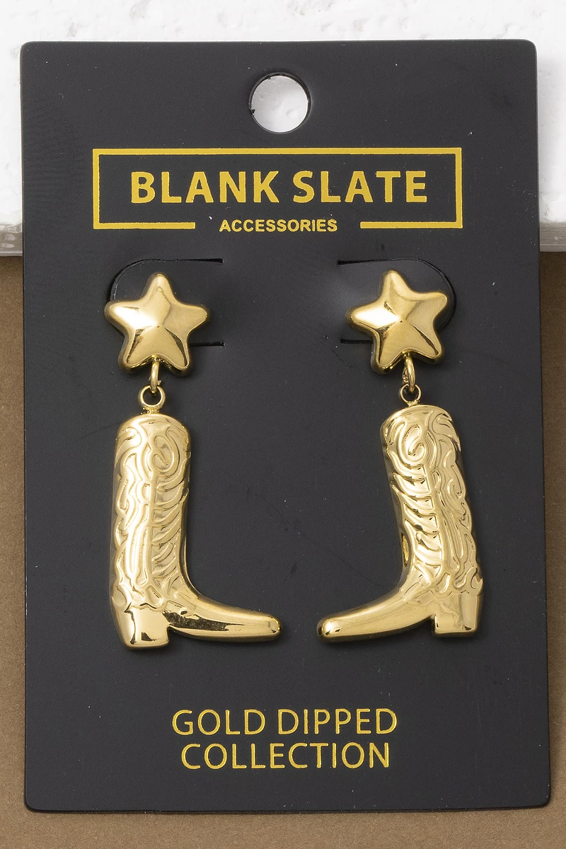 Gold Dipped Western Star And Cowboy Boot Drop Earrings