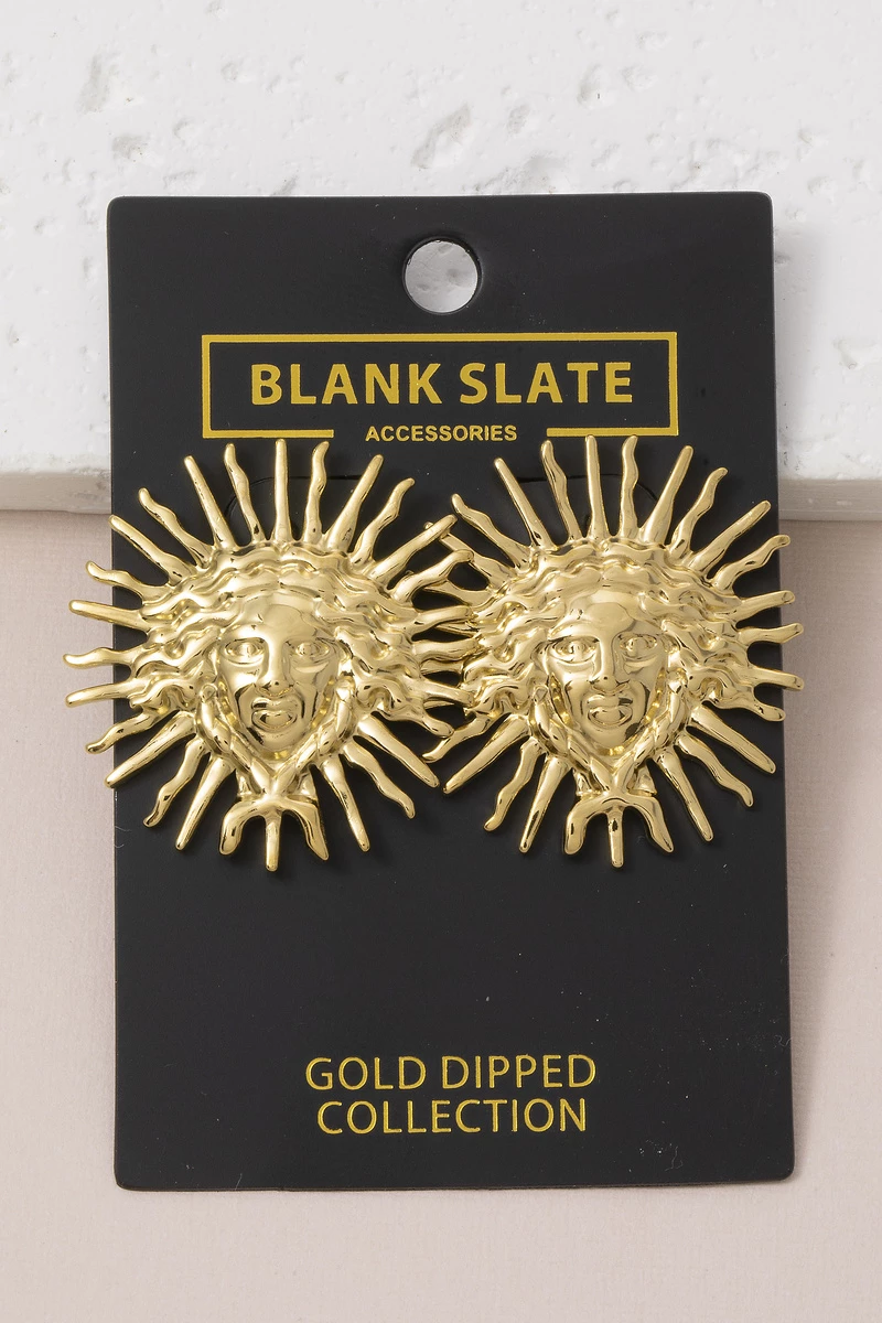 Gold Dipped Sun Face With Spike Ray Stud Earrings