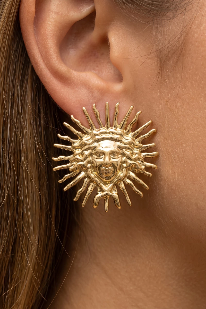 Gold Dipped Sun Face With Spike Ray Stud Earrings
