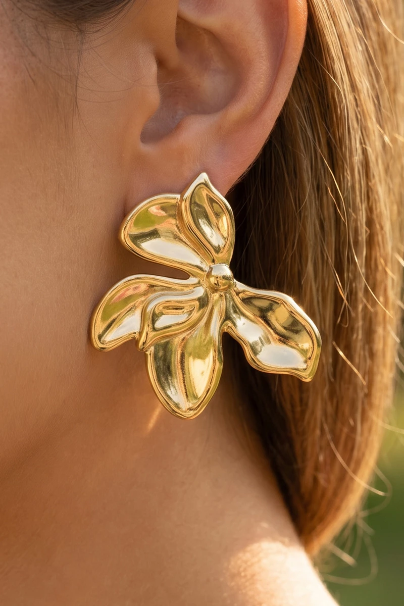 Gold Dipped Puffy Round Petal Flower Stud Earrings