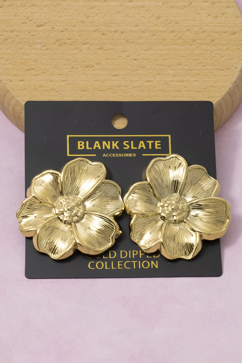 Gold Dipped Ribbed Multi Petal Flower Stud Earrings