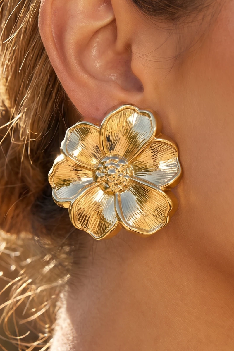 Gold Dipped Ribbed Multi Petal Flower Stud Earrings