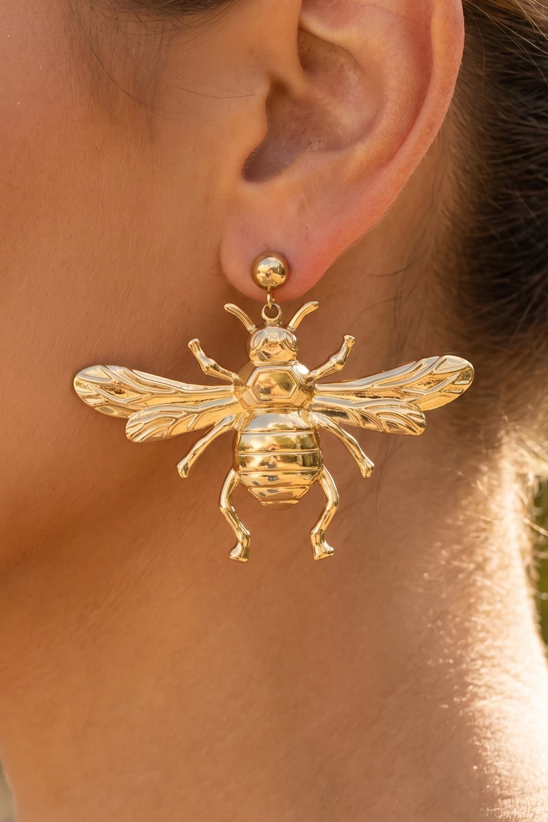 Gold Dipped 3D Bee Drop Statement Earrings