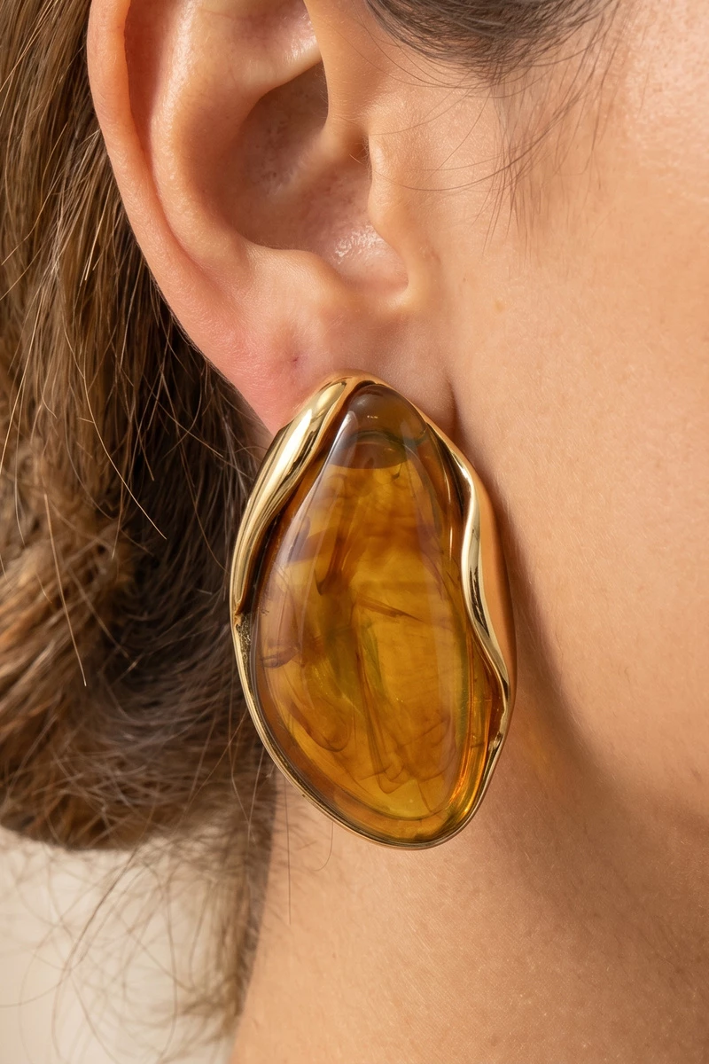 Gold Dipped Tortoise Resin Flame Teardrop Drop Earrings