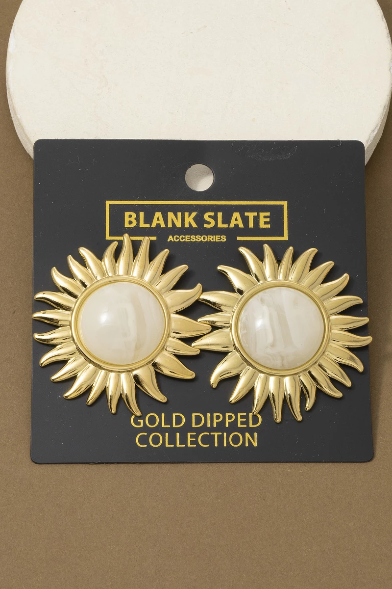 Gold Dipped Sunburst Stone Center Stud Earrings