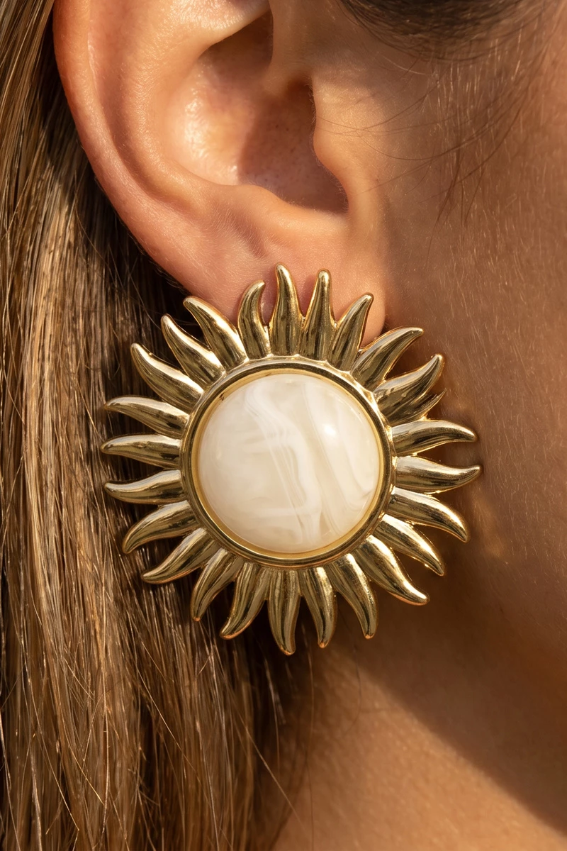 Gold Dipped Sunburst Stone Center Stud Earrings