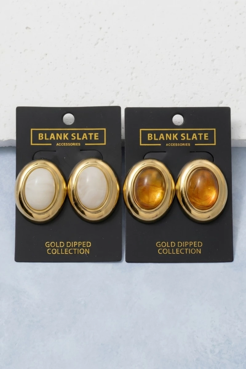 Gold Dipped Amber Resin Oval Cabochon Stud Earrings