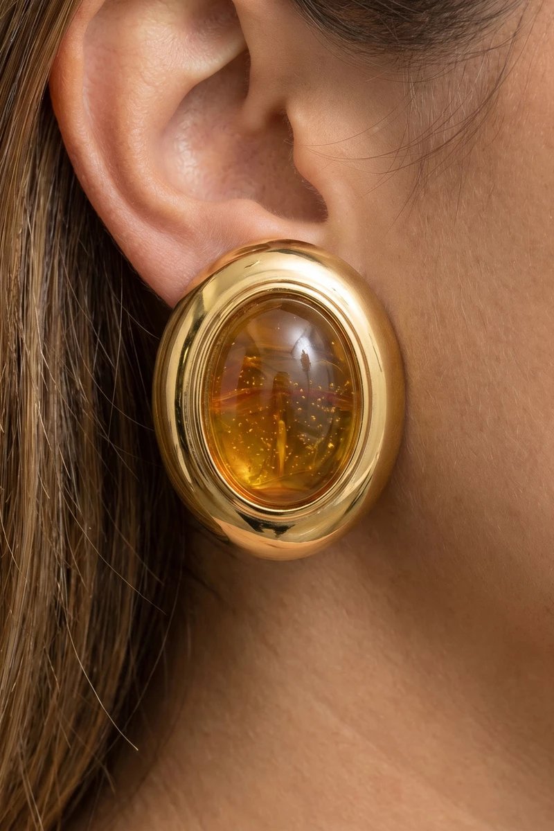 Gold Dipped Amber Resin Oval Cabochon Stud Earrings