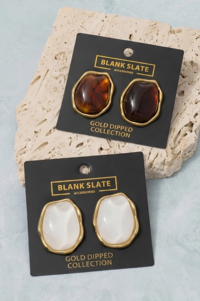 Gold Dipped Tortoise Resin Organic Frame Stud Earrings