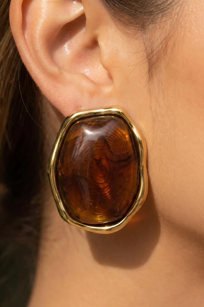 Gold Dipped Tortoise Resin Organic Frame Stud Earrings