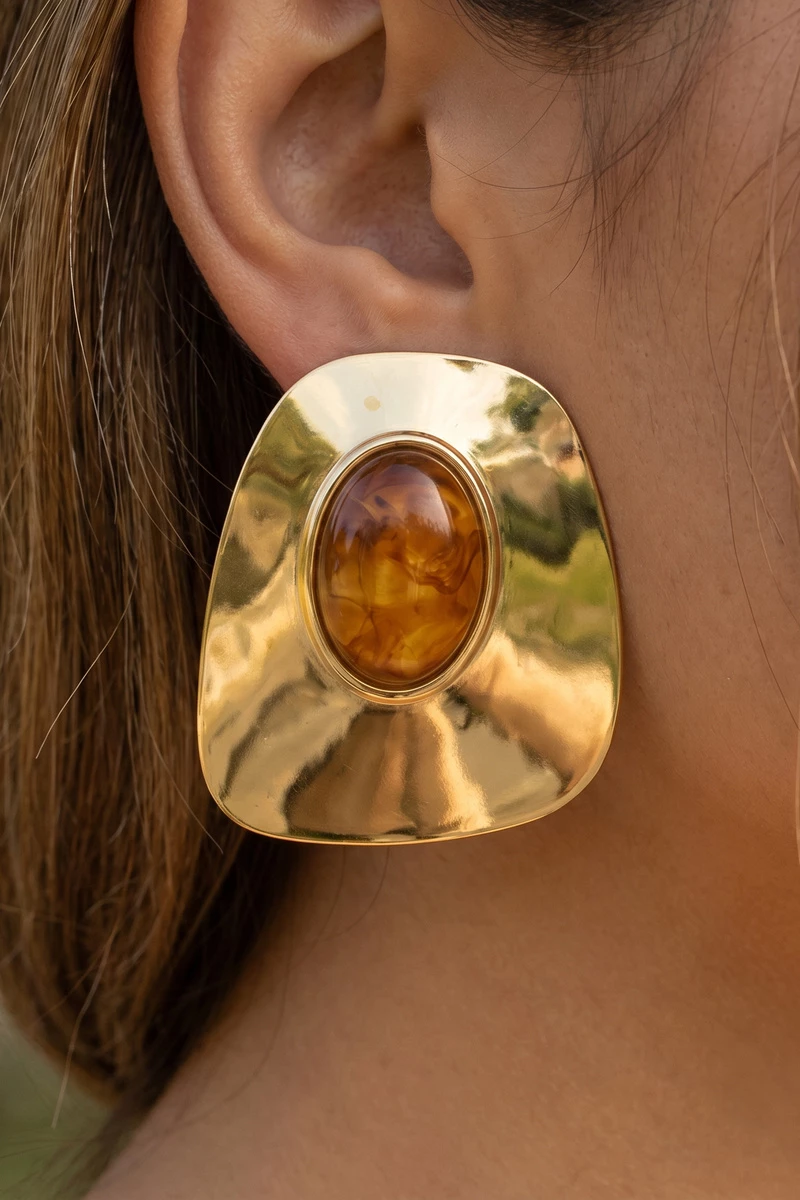 Gold Dipped Tortoise Resin Panel Statement Earrings