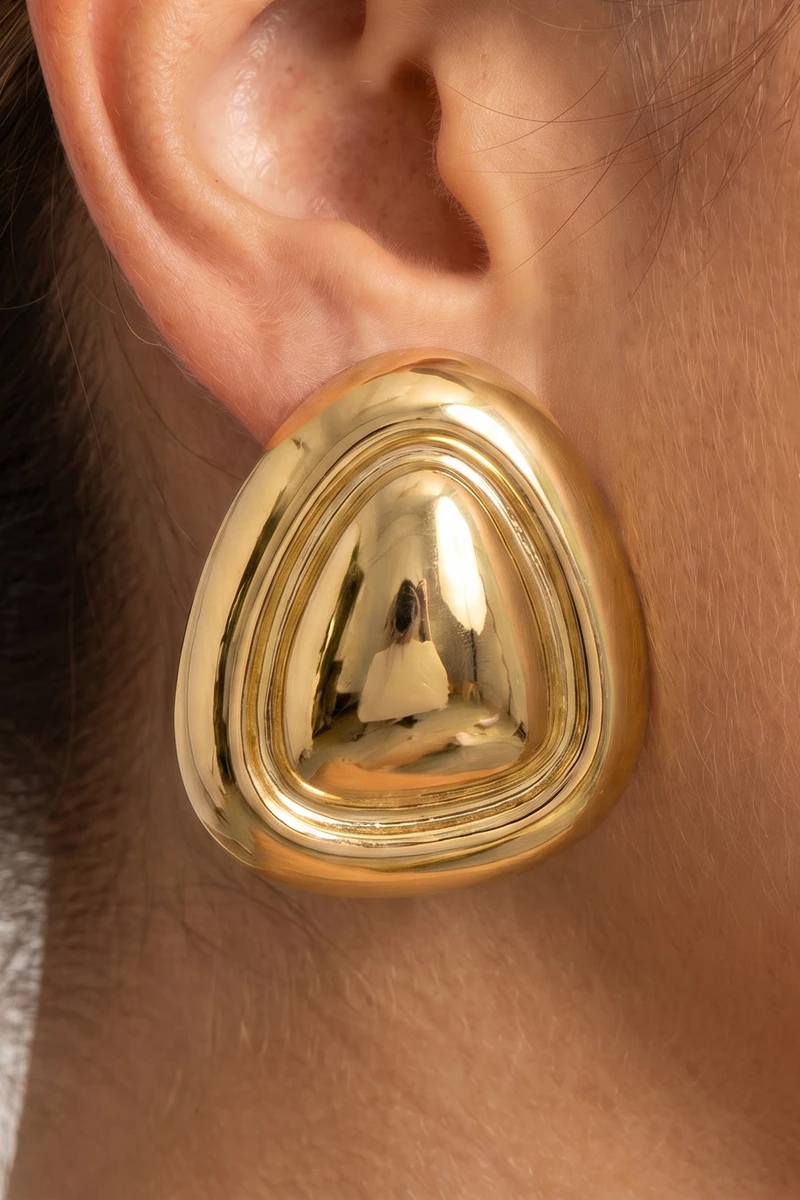 Gold Dipped Ridged Dome Triangle Stud Earrings