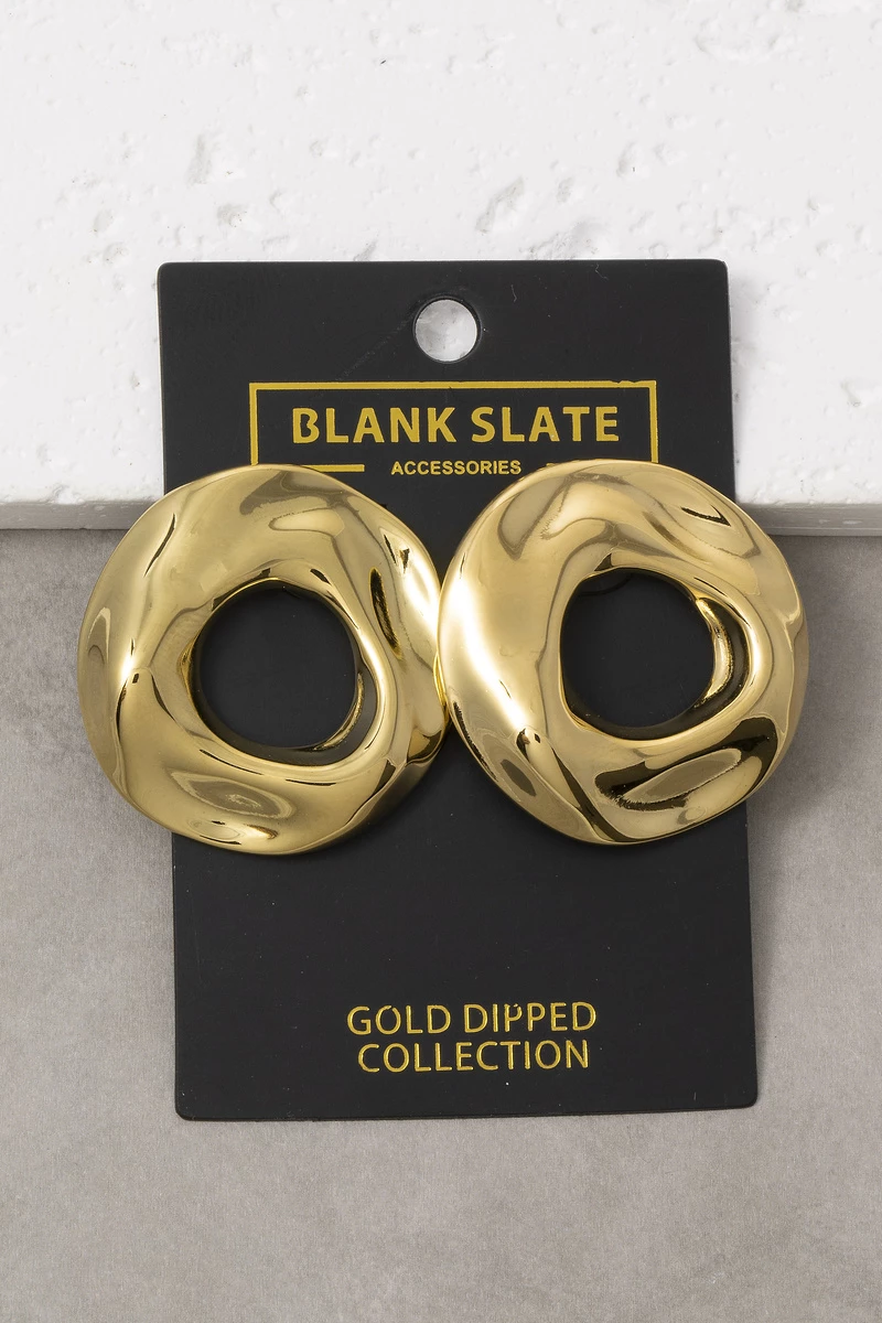 Gold Dipped Organic Molten Round Open Hoop Earrings