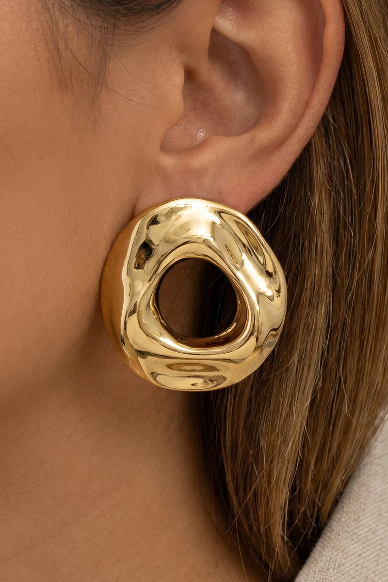 Gold Dipped Organic Molten Round Open Hoop Earrings