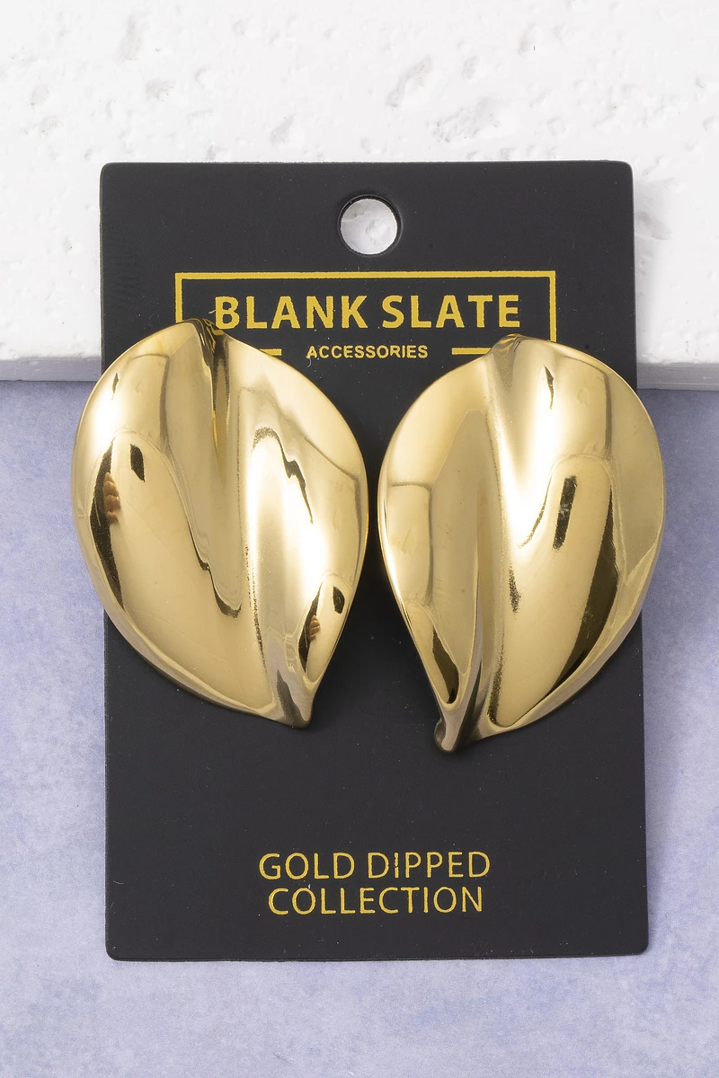 Gold Dipped Bold Leaf Shield Sculptural Stud Earrings