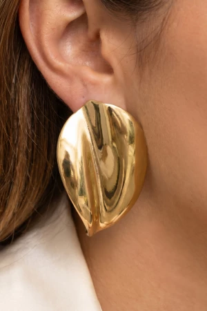 Gold Dipped Bold Leaf Shield Sculptural Stud Earrings
