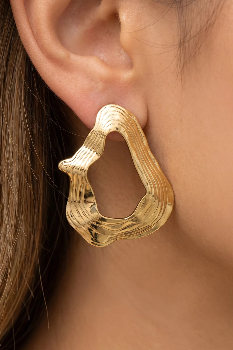 Gold Dipped Ribbed Wave Open Hoop Earrings