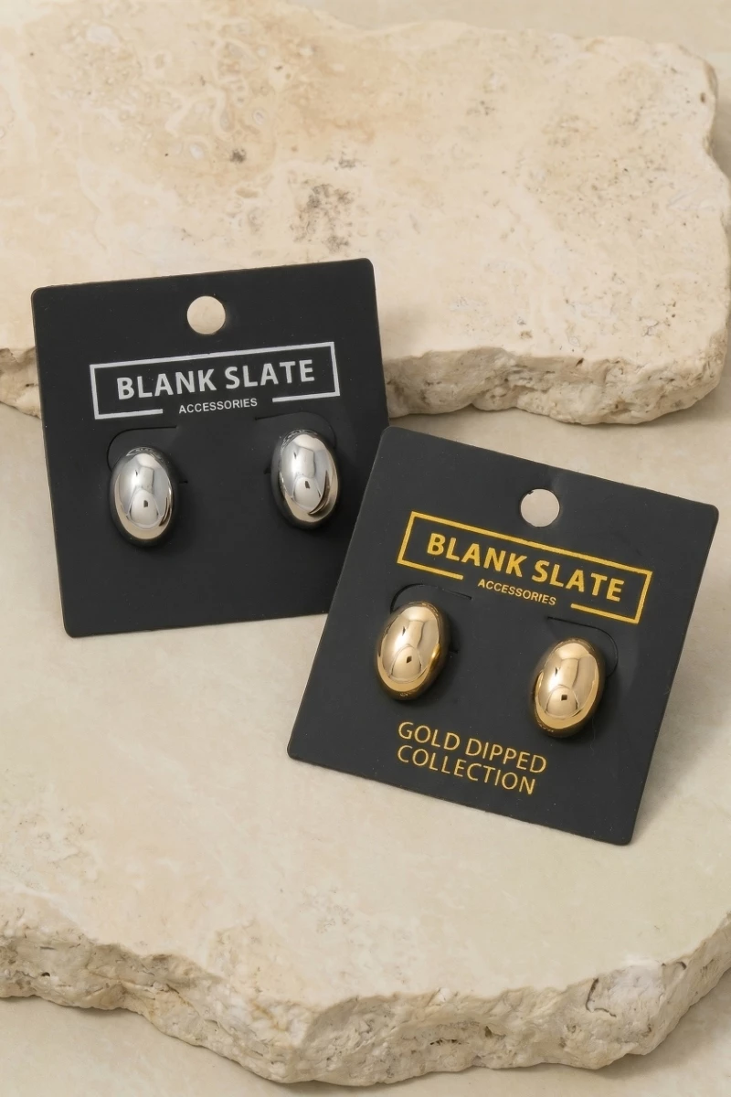 Gold Dipped Smooth Oval Pebble Dome Stud Earrings