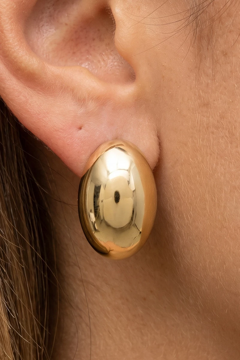 Gold Dipped Smooth Oval Pebble Dome Stud Earrings