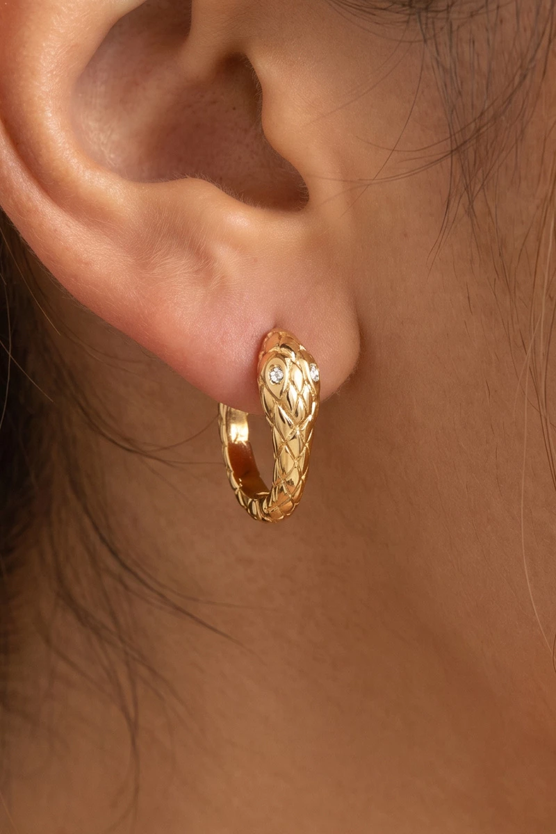 Gold Dipped Snake Scale Textured Huggie Hoop Earrings