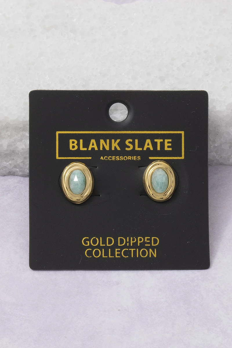 Gold Dipped Amazonite Oval Bezel Stud Earrings