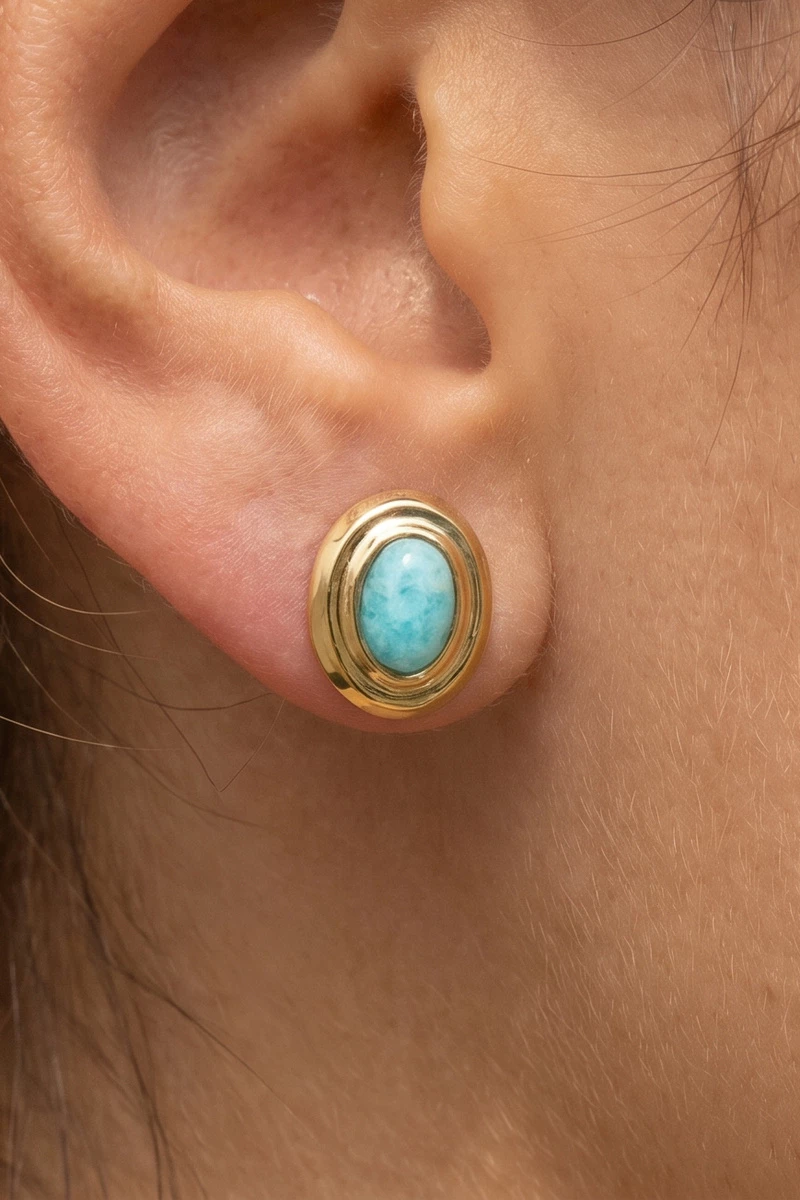 Gold Dipped Amazonite Oval Bezel Stud Earrings
