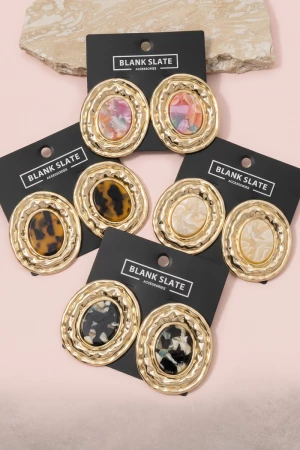 Hammered Oval Frame Statement Earrings