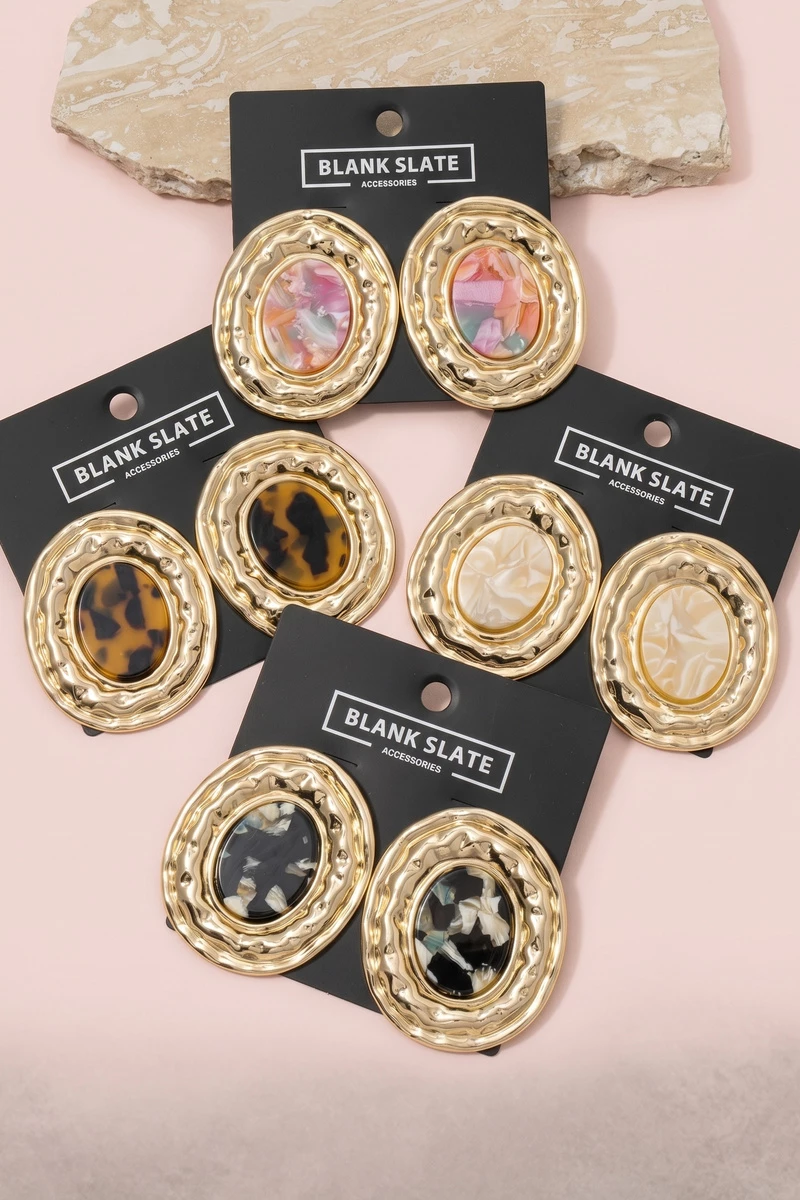Hammered Oval Frame Statement Earrings