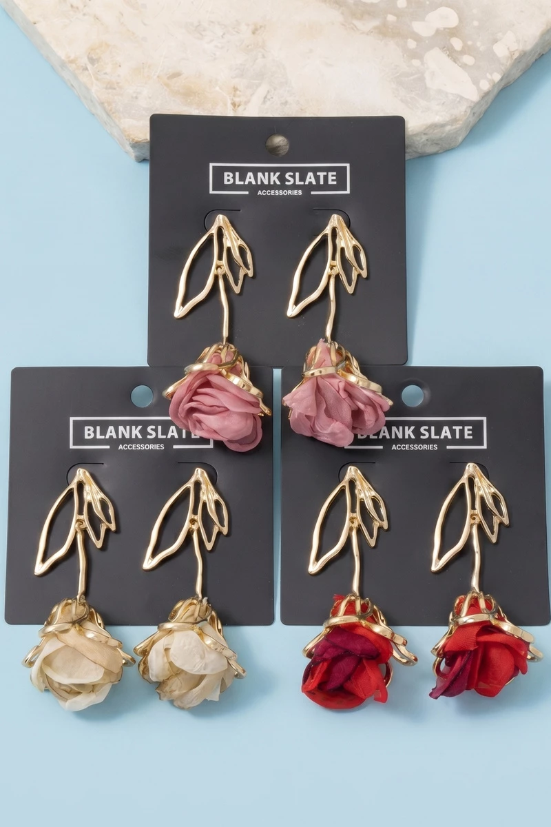 Open Leaf Fabric Rose Drop Earrings