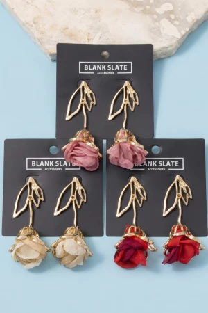 Open Leaf Fabric Rose Drop Earrings