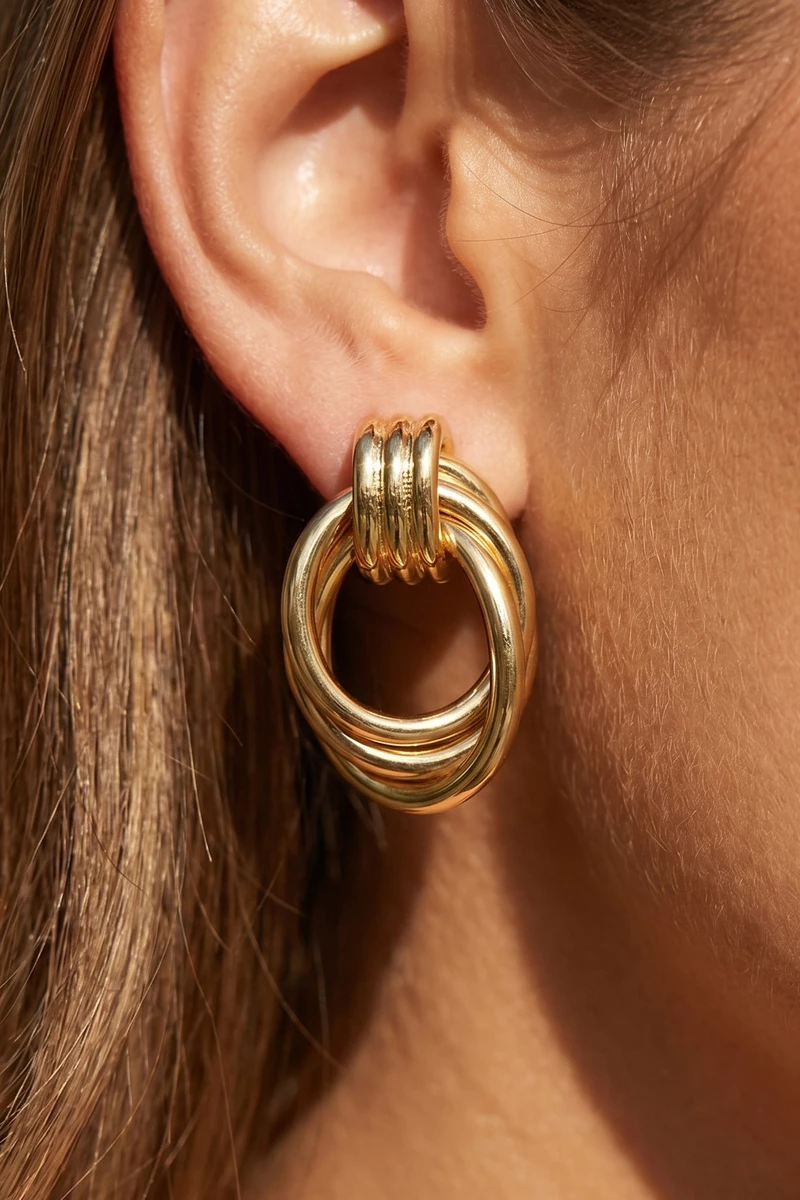 Gold Dipped Oval Multi Ring Doorknocker Earrings