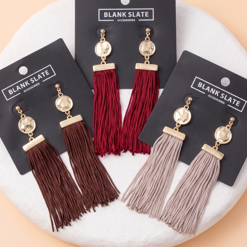 Hammered Coin Top Thread Tassel Drop Earrings