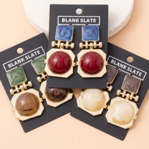 Vintage Marbled Square And Dome Drop Earrings
