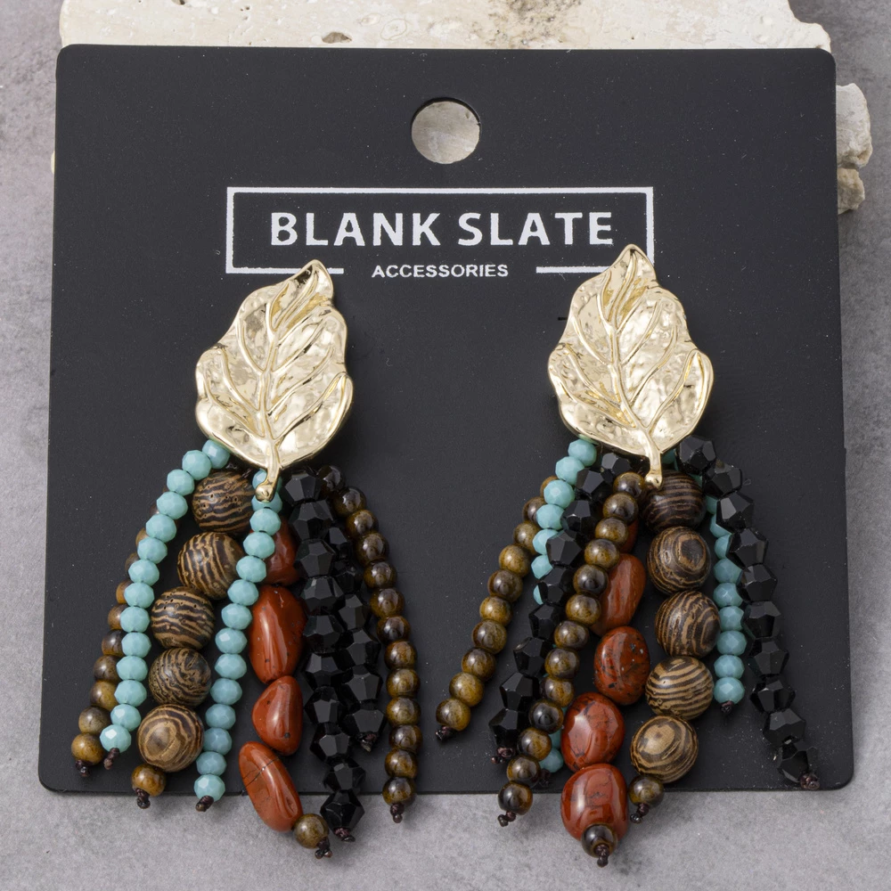 Hammered Leaf Bead Tassel Dangle Earrings