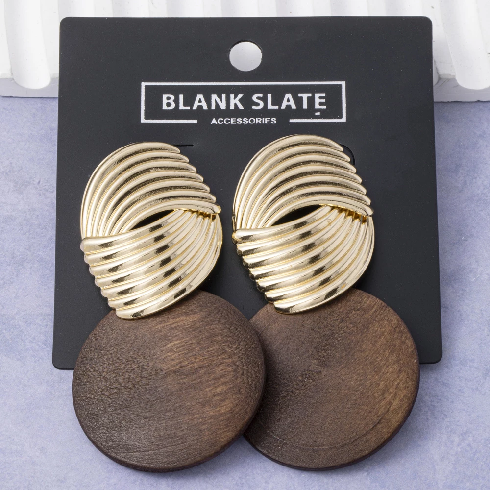 Ribbed Swirl Wood Disc Drop Earrings