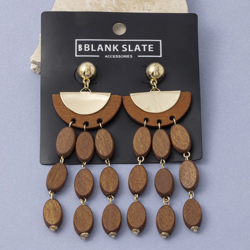 Wood Bead Tiered Half Moon Chandelier Earrings