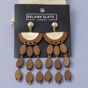 Wood Bead Tiered Half Moon Chandelier Earrings