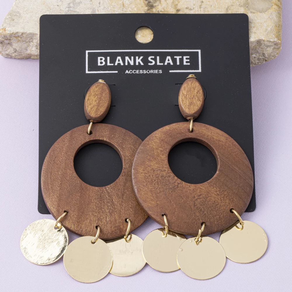 Wood Donut Drop Earrings With Coin Fringe