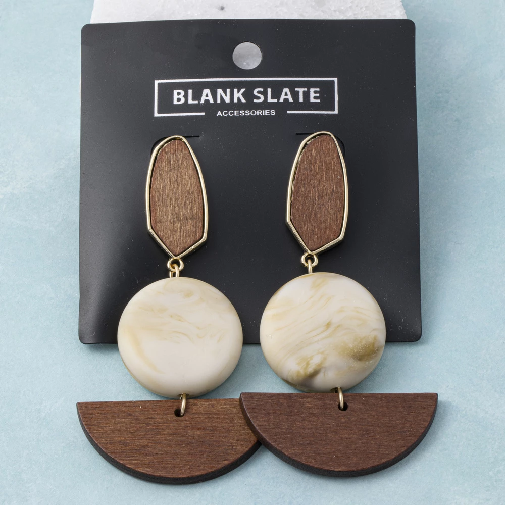 Wood And Marbled Disc Geometric Drop Earrings