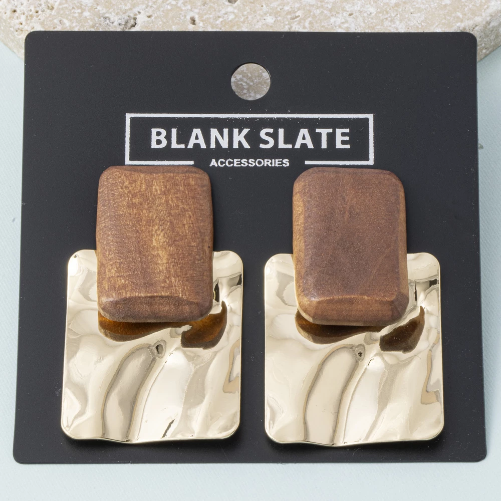 Wood Block Hammered Square Drop Earrings