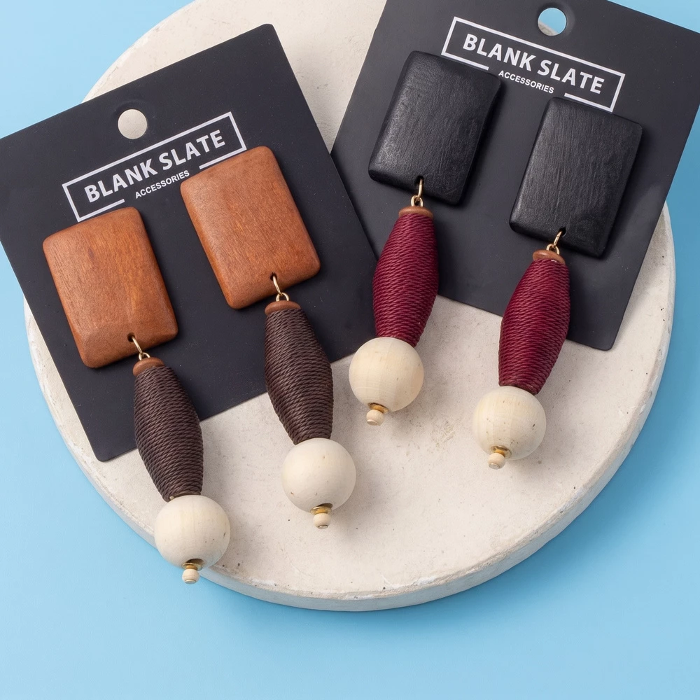 Wood Rectangle And Barrel Bead Statement Earrings