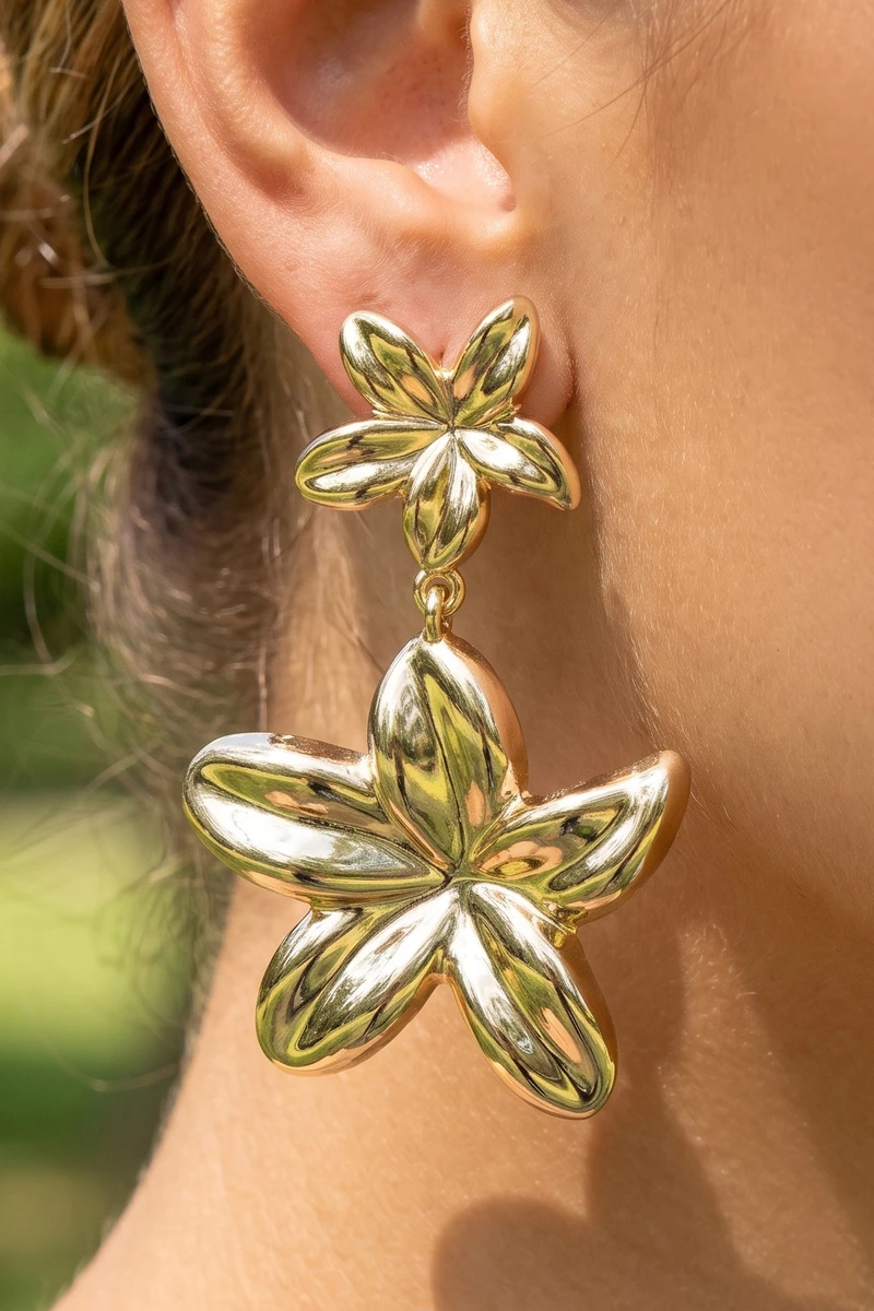 Gold Dipped Puffed Flower Drop Earrings