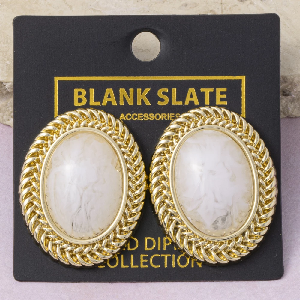 Gold Dipped Braided Frame Oval Stone Stud Earrings
