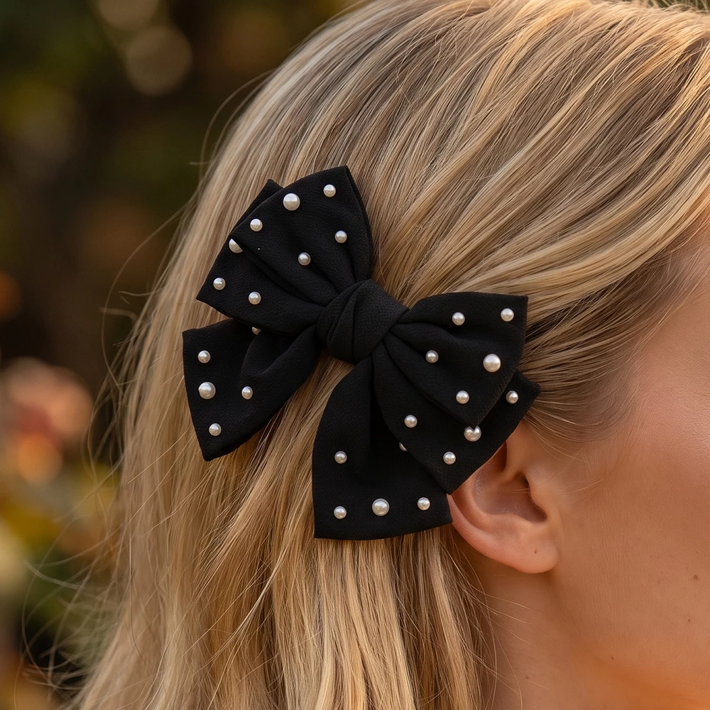 Oversized Pearl Accent Double Bow Barrette Hair Clip