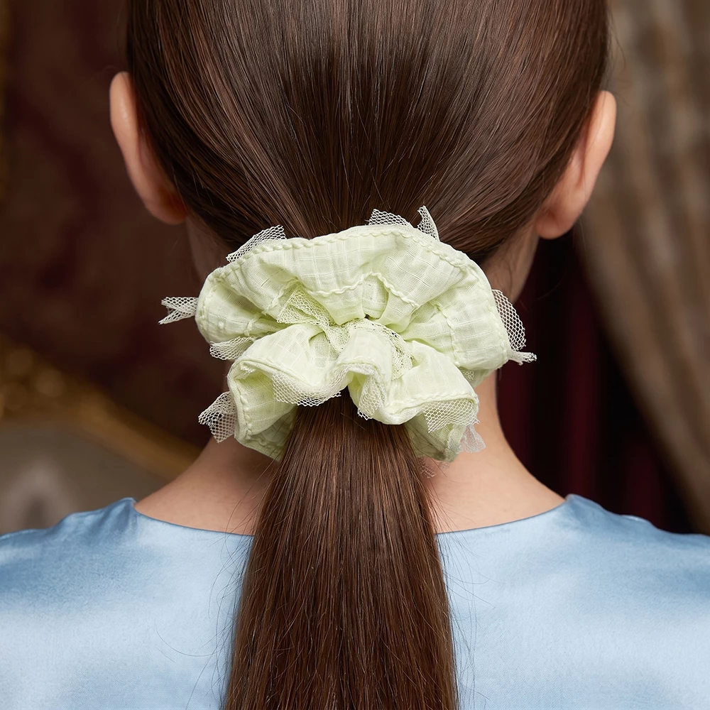 Two Piece Tulle Trim Textured Scrunchie Set