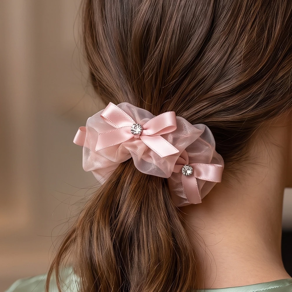 Two Piece Sheer Organza Ribbon Bow Scrunchie Set