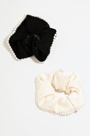 Pearl Beaded Trim Hair Scrunchie Set