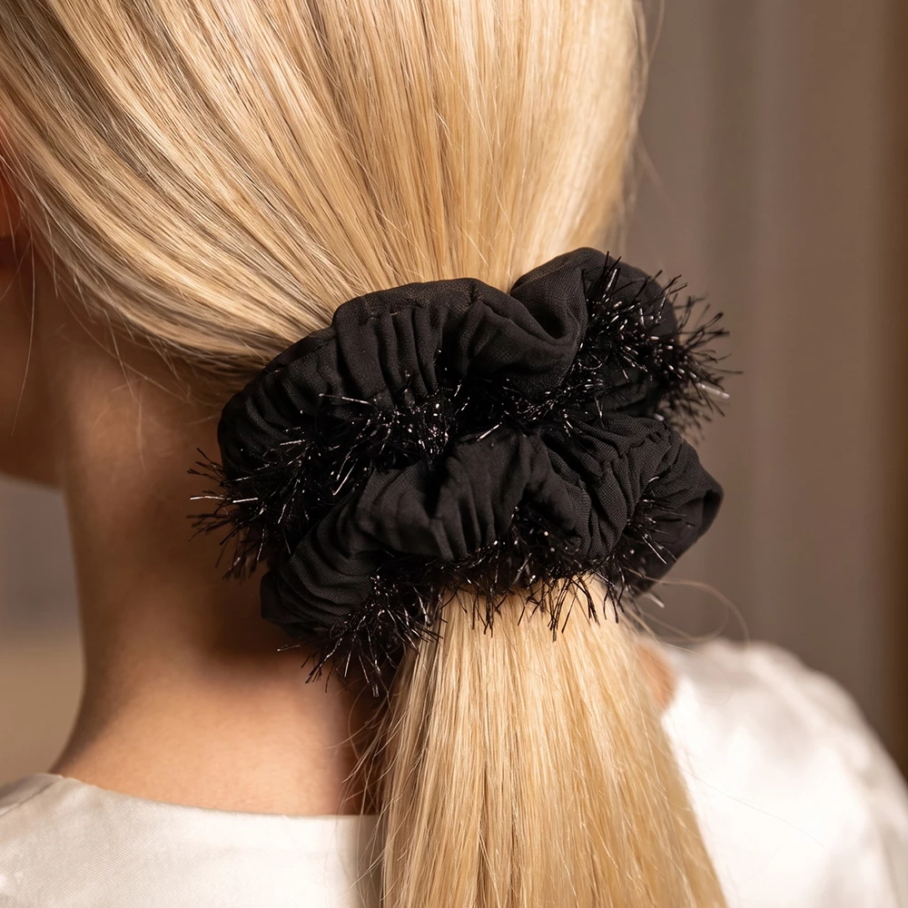 Two Piece Pleated Chiffon Tinsel Trim Scrunchie Set
